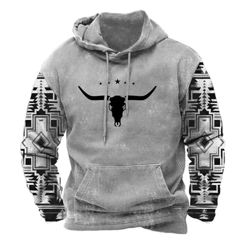 PORCLAY Mens Aztec Hoodie Western Cowboy Hooded Sweatshirts for Men Casual Country Vintage Bull Ethnic Graphic Long Sleeve Pullover Shirts Spring with Pocket Grey XXL