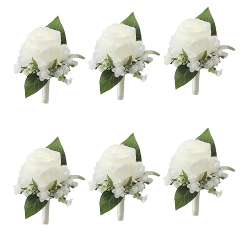 Meldel 6Pcs Ivory White Rose Boutonniere for Men Wedding Dance Party