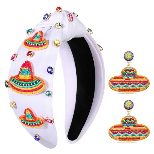 PHALIN Mexican Headband for Women Cinco De Mayo Headband Pinata Sombrero Chili Cactus Headbands Fiesta Crystal Knotted Headbands (Sombrero 1)
