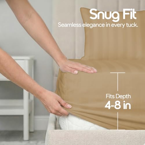 Image of LINENWALAS Cotton 300 TC Fitted Bed Sheet for Queen Bed | Signature 2 CM Sateen Stripe Design | All-Around Elastic for 4-8 Inch Mattresses | Luxury Hotel-Style Bedding (60 x 78, Beige)