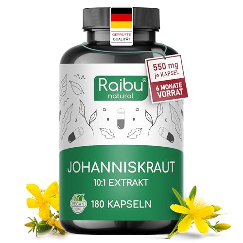 Johanniskraut Kapseln Hochdosiert - 5500 mg Johanniskraut pro Kapsel (10:1 Extrakt) - Natürliches Hypericin - 180 Kapseln, 6 Monate Vorrat - Vegan & Ohne Zusatzstoffe - Raibu Johanniskraut Kapseln Hochdosiert - 5500 mg Johanniskraut pro Kapsel (10:1 Extrakt) - Natürliches Hypericin - 180 Kapseln, 6 Monate Vorrat - Vegan & Ohne Zusatzstoffe - Raibu