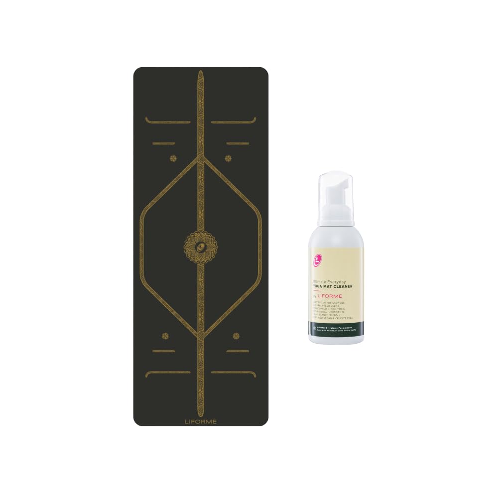 LIFORME Printed Yoga Mat Ultimate Everyday Yoga Mat Cleaner- Bundle Pack Patented Alignment System Eco-Friendly Non-Slip Warrior-Grip Thick
