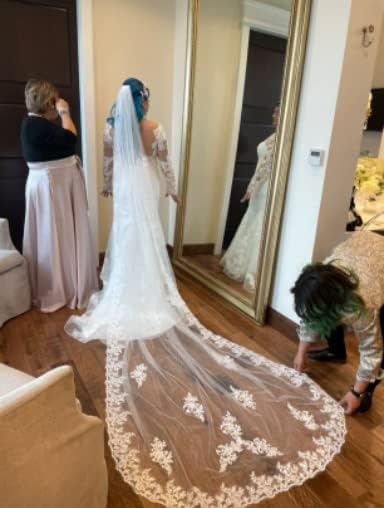 Miniatura 3 de Aularso Velos de novia de encaje con velo floral para novias largo de la catedral con peine para novias de 118 pulgadas Blanco Talla libre