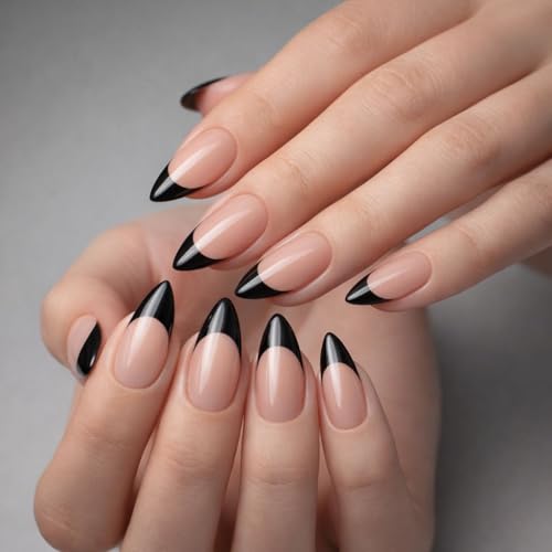 Image of Press On Nails Kit for Women 24 Pcs | Nude Beige Black French Tip Artificial Nails | Glossy Almond Shape Reusable Fake Manicure Set | Includes Nail Glue, Glue Tabs, Nail File, Cuticle Tool & Storage Case