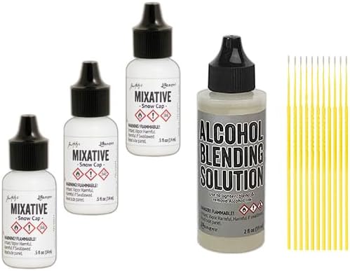 Ranger Tim Holtz Mixative Bundle - Acid Free Pigment Inks- with Trebbies Detail Sticks (3 Snow Cap and 3 Pitch Black Ranger Mixatives, One 2 oz Alcohol Ink Blending Solution)
