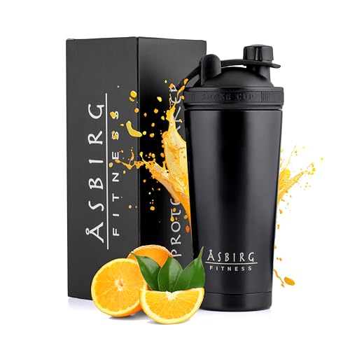 Asbirg Shaker per proteine in acciaio inox, 750 ml, per bevande calde e fredde, a prova di perdite e senza BPA, nero