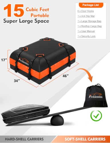 Image of FIVKLEMNZ Car Rooftop Cargo Carrier Roof Bag Waterproof for All Top of Vehicle with /Without Rack Includes Topper Anti-Slip Mat + Reinforced Straps + 6 Door Hooks + Luggage Lock