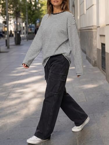 Flowyair Womens Oversized Striped Long Sleeve Shirts Casual Trendy Crew Neck Cotton Tops Drop Shoulder Loose Fit T Shirts Black — view 5