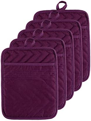 Cotton Pocket Pot Holders Machine Washable Heat Resistant Hot Pads for Kitchen and Baking Square Purple Oven Mitts 7"x9" Set of 5
