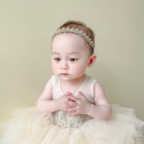 Baptism Headband for Baby Girls, Gold Lace Leaf Headband Elastic Hairband Rhinestone Tiara Headpiece Baby Baptism Christening Hair Accessories for Baby Girls Toddlers Newborn Infants4