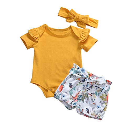 WangsCanis 3 TLG Baby Mädchen Kleidung Rüschen Strampler Bodysuit Blumen Halen Shorts Stirnband Neugeborene Baby Bodys Outfits (Gelber Strampler, 0-6 Monate)