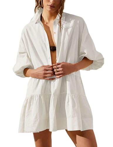 Image of Mingzhu Womens Summer Tiered Puff Sleeve Shirtdress Flowy A-line Babydoll Mini Dress