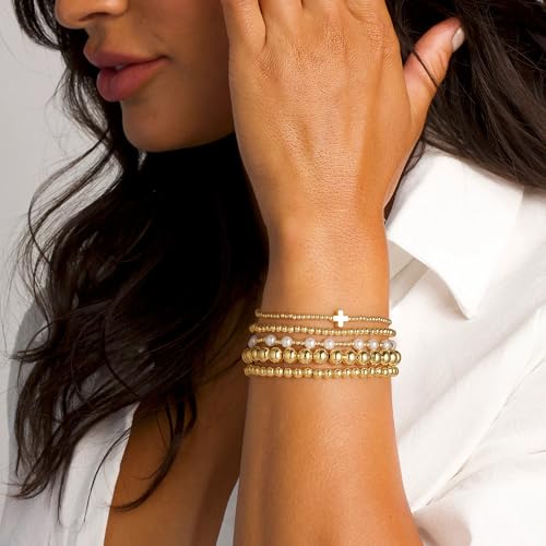 Yoosteel Gold Beaded Bracelets Set for Women, 14K Gold Plated Dainty Round Bead Ball Pearl Cross Bracelet for Women Simplicity Stackable Jewelry Gifts3