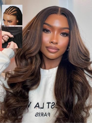 Image of Beauty Forever Balayage Brown Bye Bye Knots Glueless Wigs Human Hair Pre Plucked Pre Cut 7x5 Lace Front Wigs Elastic Drawstring Body Wave Bleached Knots Ready to Go Wig 150% Density 18 inch