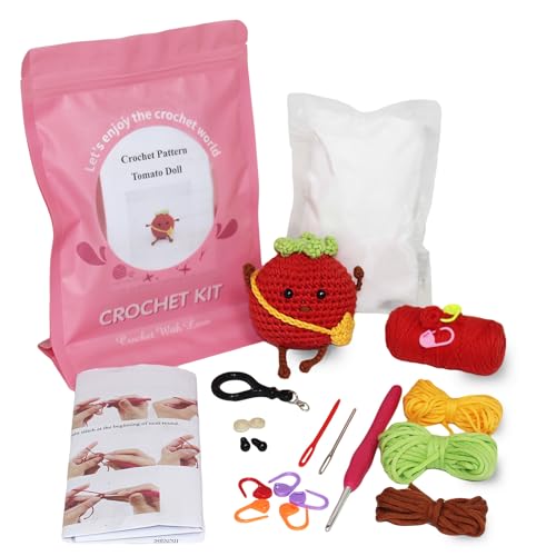 BCMON Crochet Kit for Beginners - Cute Tomato DIY Craft Set with Hook, Yarn & Step-by-Step Video Tutorials | Handmade Starter Kit, Home Decor Gift Idea(50%+Yarn)