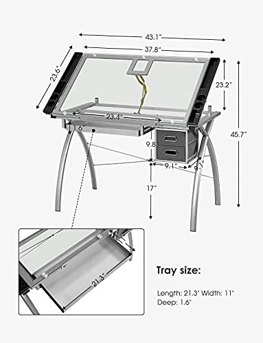 Kealive Adjustable Drafting Table, X-Cross Glass Top Drawing Table Art Desk Hobby Table Writing Desk Art and Craft Station with Drawers and Tray, Silver