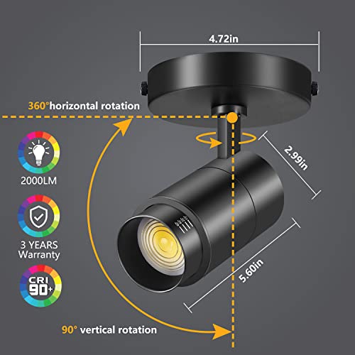 Vanoopee 3-Color Zoomable Led Ceiling Spotlight Flush Mount Adjustable Spotlight Directional Dimmable Spot Lights Indoor Bright Accent Fixture For Living Room Bedroom - Cri90 15-55° 20W 2000Lm Black #TOP4