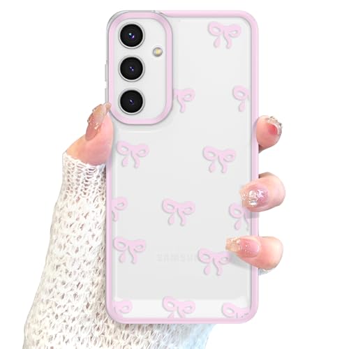 EYZUTAK Case for Samsung Galaxy S23 FE, Clear Cute Ribbon Bowknot Pattern Aesthetic Transparent Phone Case Raised Camera Protection Stylish Slim Soft Durable TPU Protective Cover for Women - Pink