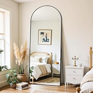 Full Length Mirror, 71″x26″ Oversized Floor Mirror Freestanding, Full Body Mirror Floor Standing Mirrors with Stand, Hanging Mounted Mirrors for Bedroom Living Room, Black, Arched Style