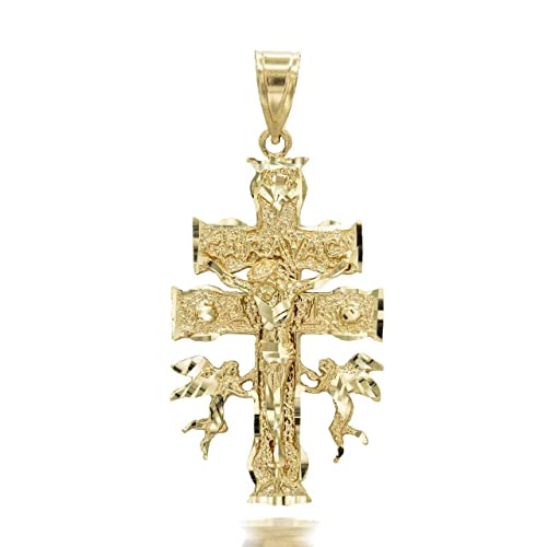 .925 Sterling Silver, 10K or 14K Yellow, White, or Rose Gold Caravaca Double Cross with Cherub Angels Crucifix Pendant - Choice of Metal