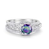 Blue Apple Co. Art Deco Trio Set Three Piece Bridal Set Ring Band Round Simulated Rainbow Cubic Zirc
