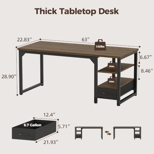 Image of Mericonia 63 in Computer Desk with Drawer, 1 inch Thick Reversible Office Desk | Large Modern Writing Table with Storage Shelves, Heavy Duty Industrial Executive Desk for Home Bedroom Study Work