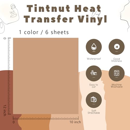 Image of Tintnut Warm Beige Heat Transfer Vinyl,6 Pcs 12x10in Iron on Vinyl | Skin Tone PU HTV Sheets,easy cut & weed,stretch washable,works with iron & heat press for fabric crafts