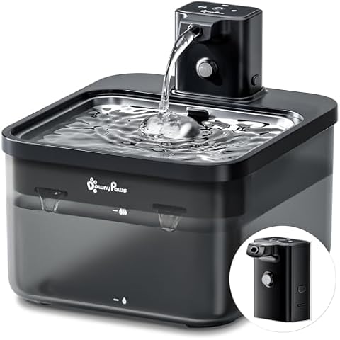 DownyPaws Black Stainless Steel Cat Water Fountain Battery Operated Wireless Water Dispenser with 2 Battery Compartment Replacement Cover
