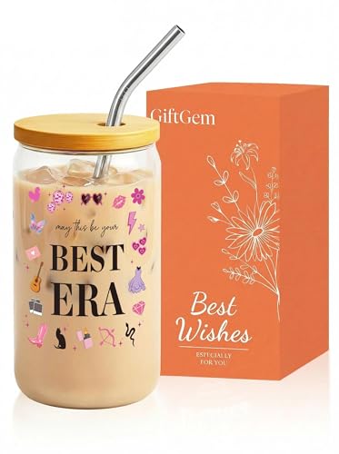 Music Lovers Gifts for Women - Clear Glass Cup with Bamboo Lid and Straw Album Inspired Singer Tumbler Transparent Iced Coffee Mug Creative Birthday Gift for Music Fans Friends