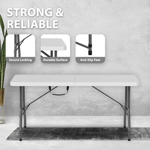 ZENO Folding Table 6FT | Heavy Duty Foldable Table | Portable and Durable Aluminium Frame | Perfect for Camping Catering Picnic Garden Patio BBQ Party | Trestle | White Fold Up Plastic Top - Image 2