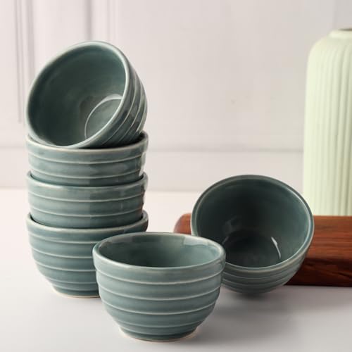 Image of Ceramic Set of 6 Bowls 180ml | Microwave & Dishwasher Safe | Serve Side Dishes, Snacks, Dals, Dessert, Rice & Pudding, Nuts or Dip | Modern Gloss Finish - Sea Green