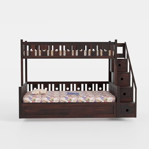 Image of Wudniture Solid Sheesham Wood Bunk Bed for Kids and Adults with Storage (Walnut with Storage)