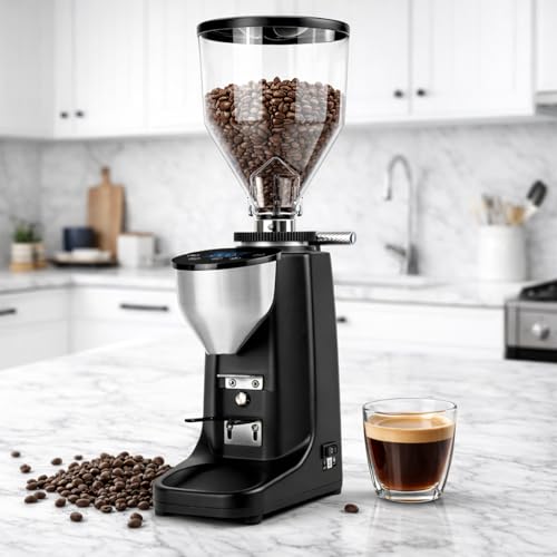 XEEAOFE Molino de Café con 19 Ajustes Precisos, Molino de Muelas Planas Eléctrico con una Tolva para Granos de 500g, Pantalla Táctil LED y Soporte para Portafiltros para Espresso Black