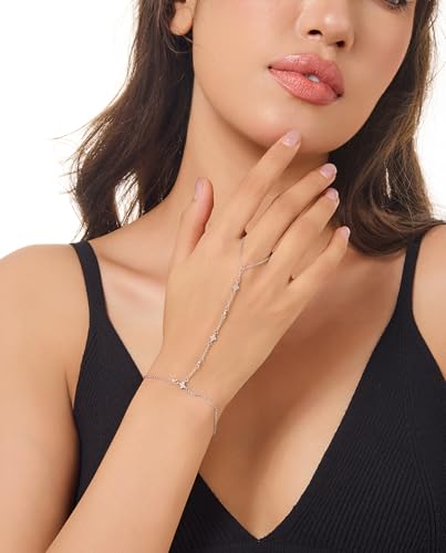 Gold Bracelets for Women 14K Gold Plated Hand Chain Bracelet Dainty Trendy Ring Chain Bracelet Charm Link Adjustable Cubic Zirconia Hand Bracelets Jewelry Gifts for Women