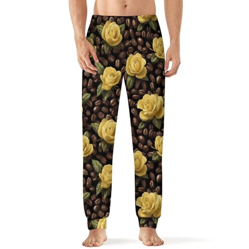 Yellow Roses Coffee Beans Men's Pajama Pants Soft Loungewear Bottoms Lightweight Sleepwear