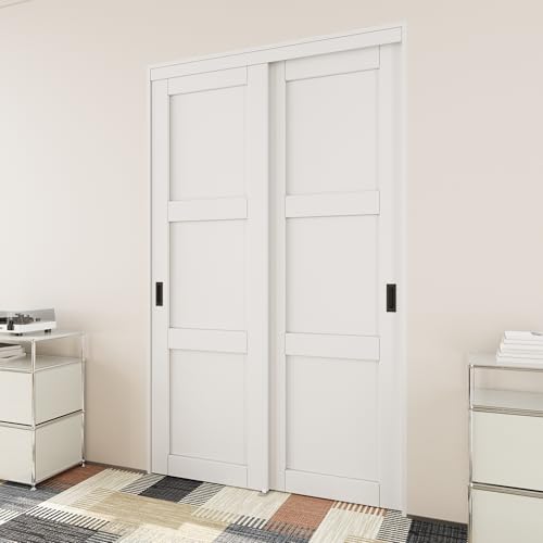 JUJUBON Closet Sliding Door, 48'×80'(Double Doors 25'), 3 Panel Sliding Door with Hardware Kit, Pre-Drilled Doors Panel, MDF with Paintable Surface, Need to Assemble, White