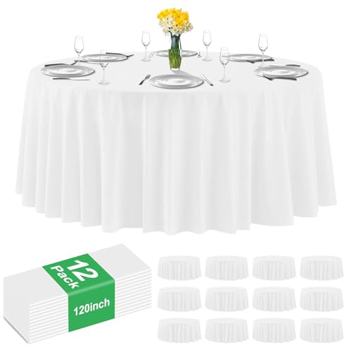 CC-SLZP 12 Pack Premium White Plastic Table Cloth -120 Inch Round Tablecloth, Disposable Tablecloth Plastic Table Cover for Parties (12,White,120" Round)