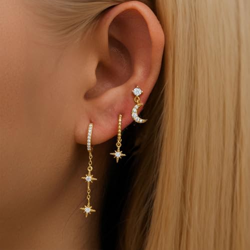 Image of SANNIDHI 3 Pairs Earrings Set for Women Stud Hoop Earrings Moon Star Earrings Combo for Multiple Piercing