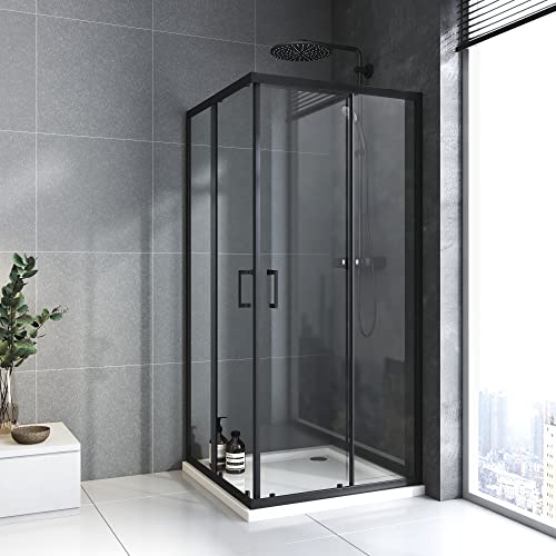 Duschkabine 80 x 100 x 185 cm ESG-Glas Duschabtrennung komplett mit Nano, Eck-Dusche mit Doppel Schiebetür flexible Montage Duschkabine Schiebetür Schwarz