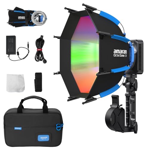 Faro Video LED RGB a Colori Amaran Ray 60c, 60W, compatto, con attacco Bowens, Temperatura Colore CCT 1.800K-20.000K, controllo tramite App, con softbox Octa Dome 30 per fotografia.