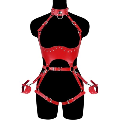 Women Punk PU Leather Body Waist Belt Bodysuit Bondage Body Harness Belt Sexy Lingerie Leg Garter Hollow Open Chest Bra BDSM (Color : Red, Size : One Size)