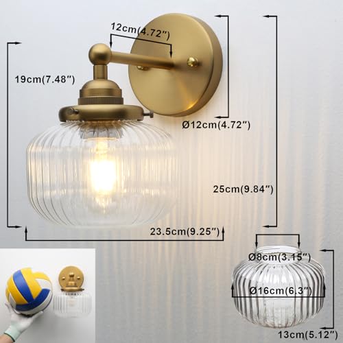 Image of Yosoan Brass 1-Light Indoor Modern Wall Sconce, Vanity Boho Modern Gold Single Vintage Industrial Wall Mount Fixture with Striped Glass Shade for Bathroom Kitchen Mirror Bedroom Dinning Room(Antique)