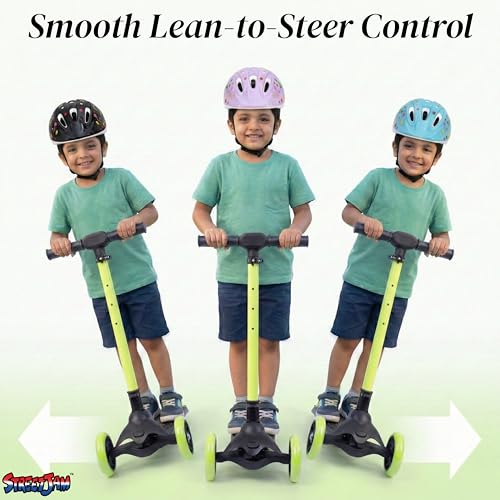 Image of STREETJAM Komiks Kids Kick Scooter for 3-12 Years, Tilt & Turn Safety Lock (1st Time in India), BIS Approved, Lean-to-Steer, Wide Deck, Adjustable Height, Up to 35 kg Load (Black with Neon Green's)