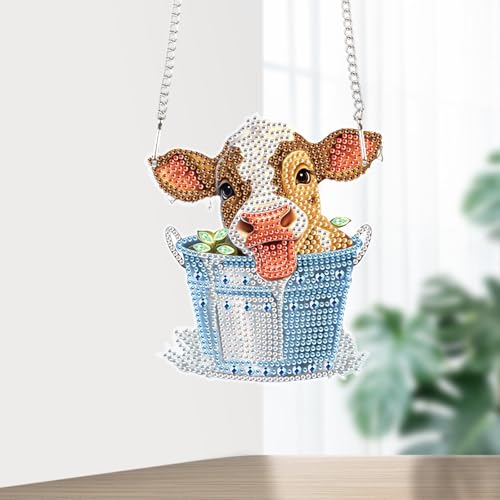 Image of AiYuanzsh Cow in Barrel Diamond Art Hanging Pendant Kit, 5D DIY Acrylic Special Shaped Rhinestone Diamond Painting Ornament for Wall, Door, or Garden Decoration, Handmade Craft Gift for Adults