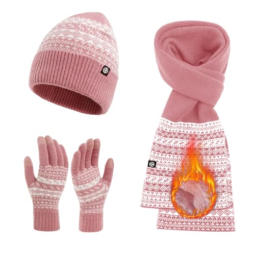 Womens Winter Beanie Hat Scarf Gloves Set, Touchscreen Gloves Long Scarf Thick Warm Knit Skull Caps Winter Gift for Women Men