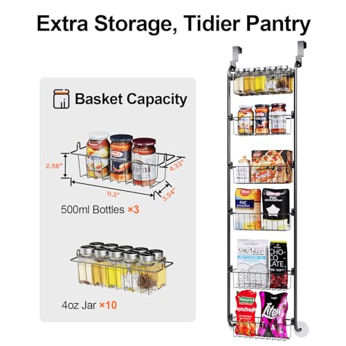 Image of Delamu Narrow Over the Door Pantry Organizer, 6-Tier Metal Pantry Door Organization and Storage for Easy Install, Hanging Spice Rack Seasoning Shelves for Cabinet & Kitchen, D5 x W13 x H50 inch, Black