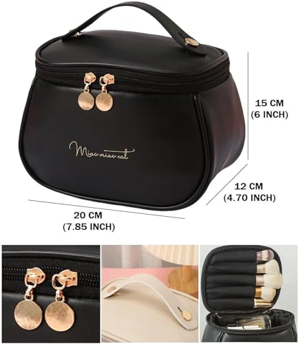Image of ARLICORPING Large Capacity Cosmetic Bag, Women's Makeup Travel Bag Portable Leather Bag (Black (Medium)), 11 Centimeters