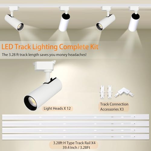 Image of H Type LED White Track Lighting Heads Kit, 12 Heads 3000K Warm White 20W 2700lm High Brightness Track Lighting System with 13.1ft Track Rail, Angle Adjustable Track Light