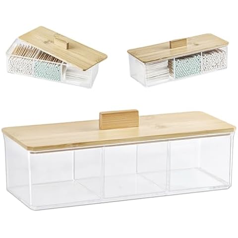 ZEXALOR Clear Bathroom Dresser Organizer - Cotton Ball Swab Holder with 3 Divided Compartments&Lid, Waterproof Transparent Small Plastic Storage Containers, Vanity Makeup Organization (Wood Lid) Cover