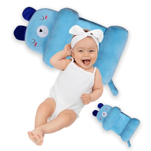 Image of Baby Head Shaping Pillow for Infants | Soft Newborn Sleeping Pillow with Side Support Bolster| Cute Design Babies Sleep Positioner Cushion Neck Support Pillow for Bed, Stroller & Crib (Bear Sky Blue)
